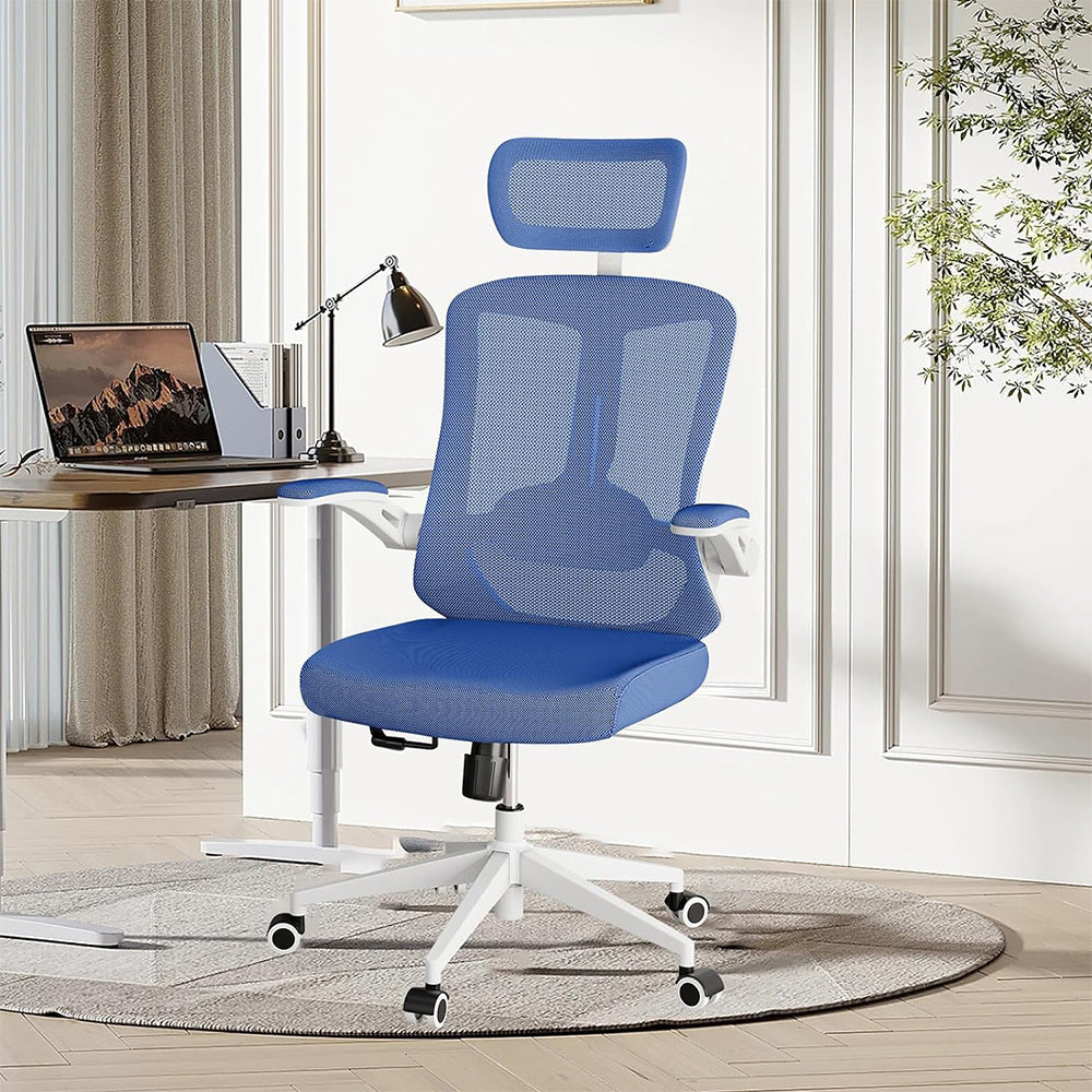 US Local Ergonomic Office Chair, High Back Computer Desk Chair Comfortable Lumbar Support - Home Office Swivel Mesh Chair With Adjustable Headrest And Backrest, Flip Armrests,PU Mute Roller, Blue