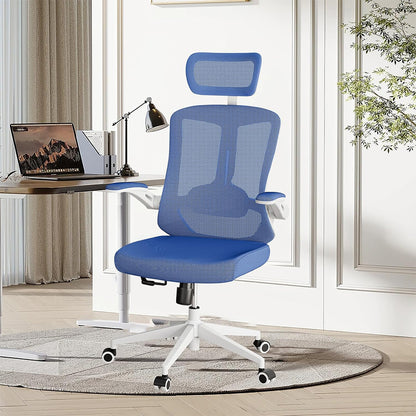 US Local Ergonomic Office Chair, High Back Computer Desk Chair Comfortable Lumbar Support - Home Office Swivel Mesh Chair With Adjustable Headrest And Backrest, Flip Armrests,PU Mute Roller, Blue