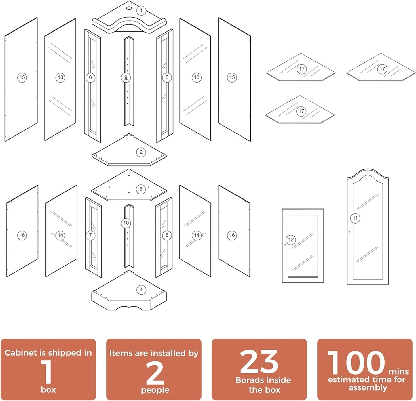US Local Corner Curio Cabinet With Lights, Adjustable Tempered Glass Shelves, Mirrored Back, Display Cabinet,