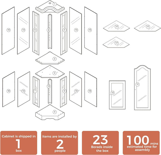 US Local Corner Curio Cabinet With Lights, Adjustable Tempered Glass Shelves, Mirrored Back, Display Cabinet,