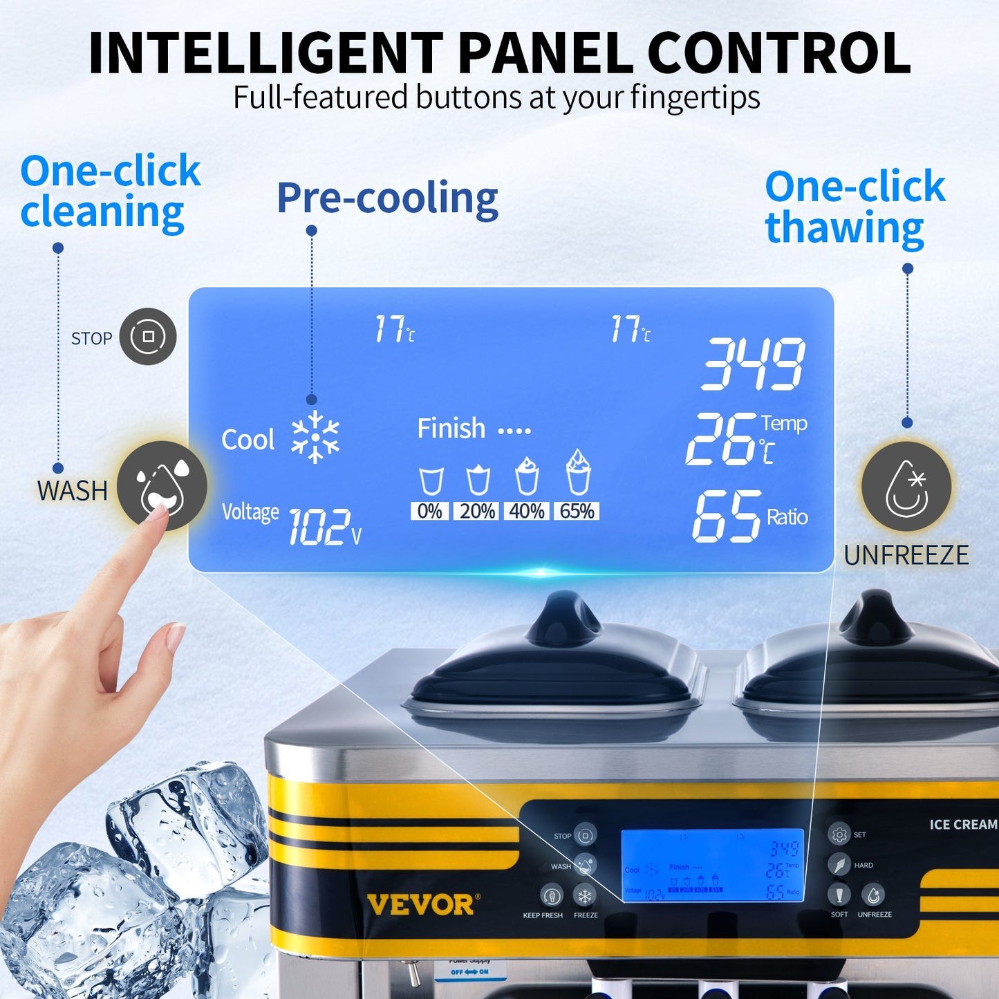 Commercial Ice Cream Maker, 22-30L H Yield, 2350W Countertop Soft Serve Machine W 2x6L Hopper 2L Cylinder LCD Panel Puffing Shortage Alarm, Silver