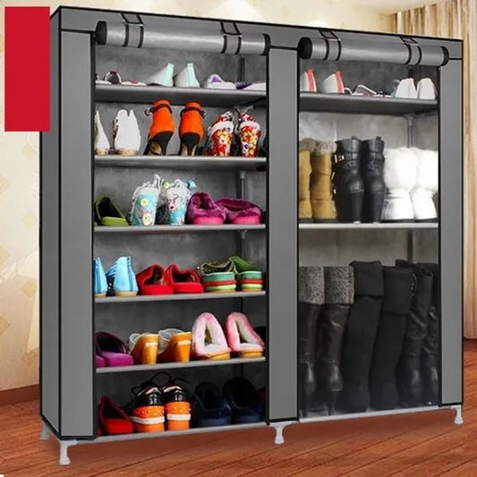 US Local Double Rows Home Shoe Rack Shelf Storage Closet Organizer Cabinet Portable Cover Grey