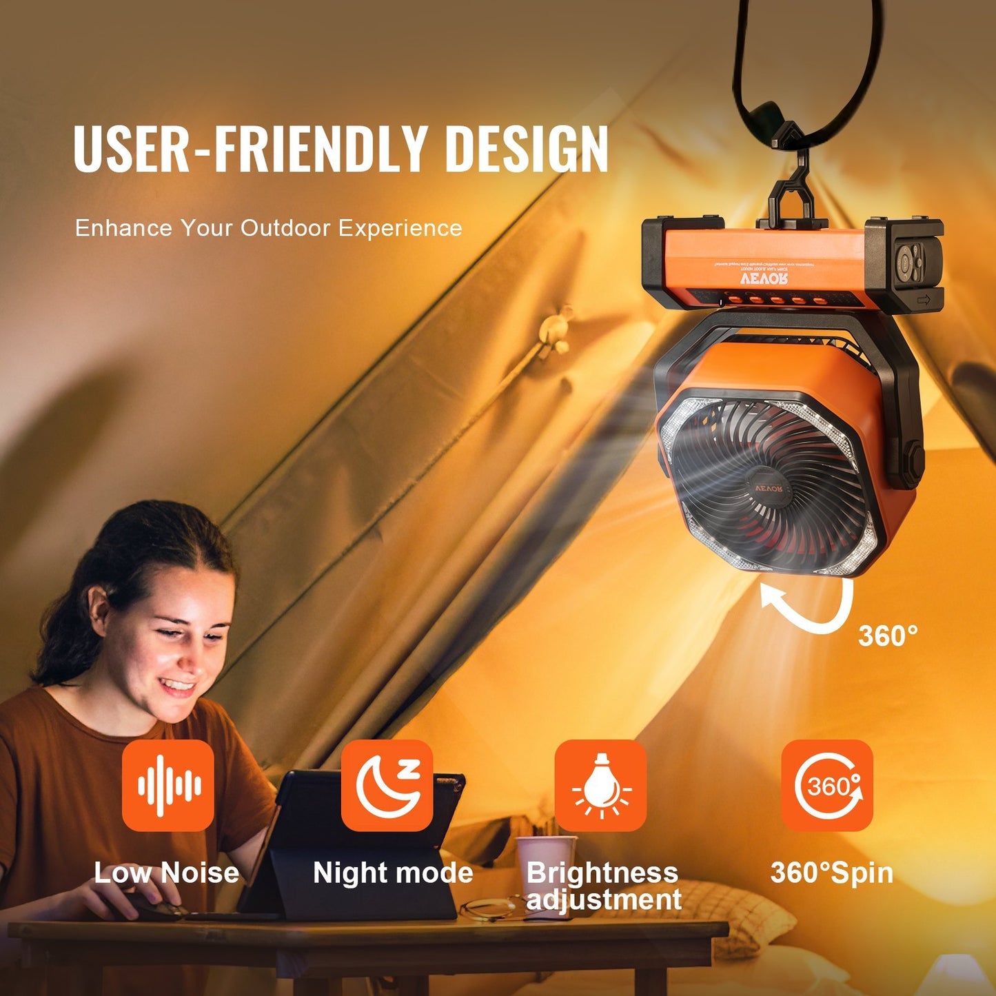 US Local VEVOR Portable Fan Rechargeable 9 Inch, Battery Powered Fan With LED Lantern, 4 Speeds Adjustable  Automatic Swivel & Timer , USB Battery Operated Fans For Travel Bedroom Home Camping Office