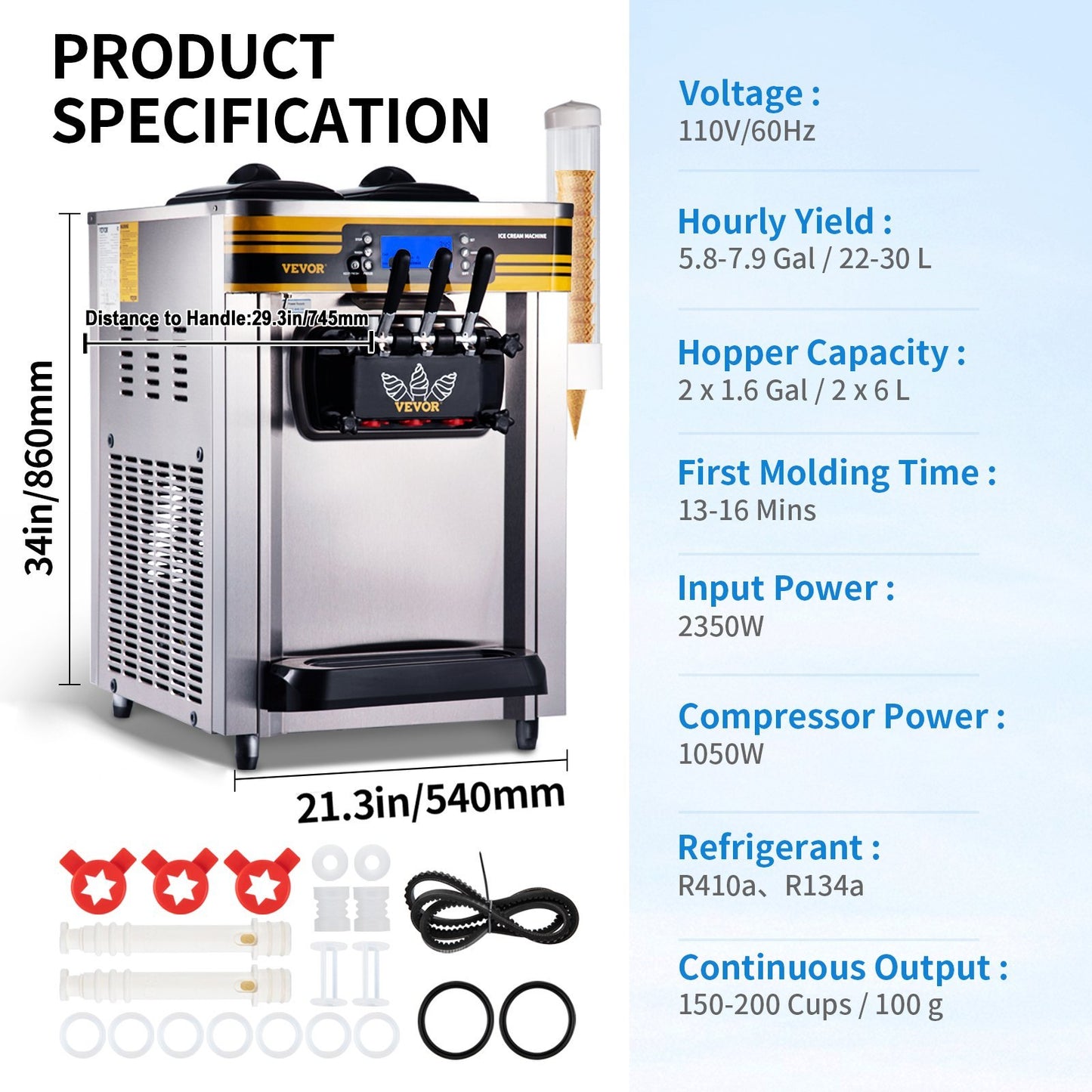 Commercial Ice Cream Maker, 22-30L H Yield, 2350W Countertop Soft Serve Machine W 2x6L Hopper 2L Cylinder LCD Panel Puffing Shortage Alarm, Silver