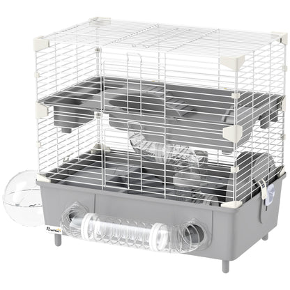 US Local 2-Tier Hamster Cage With Sand Bathroom, Running Wheel, Water Bottle, Tubes, Accessories, For Hamster, Gray