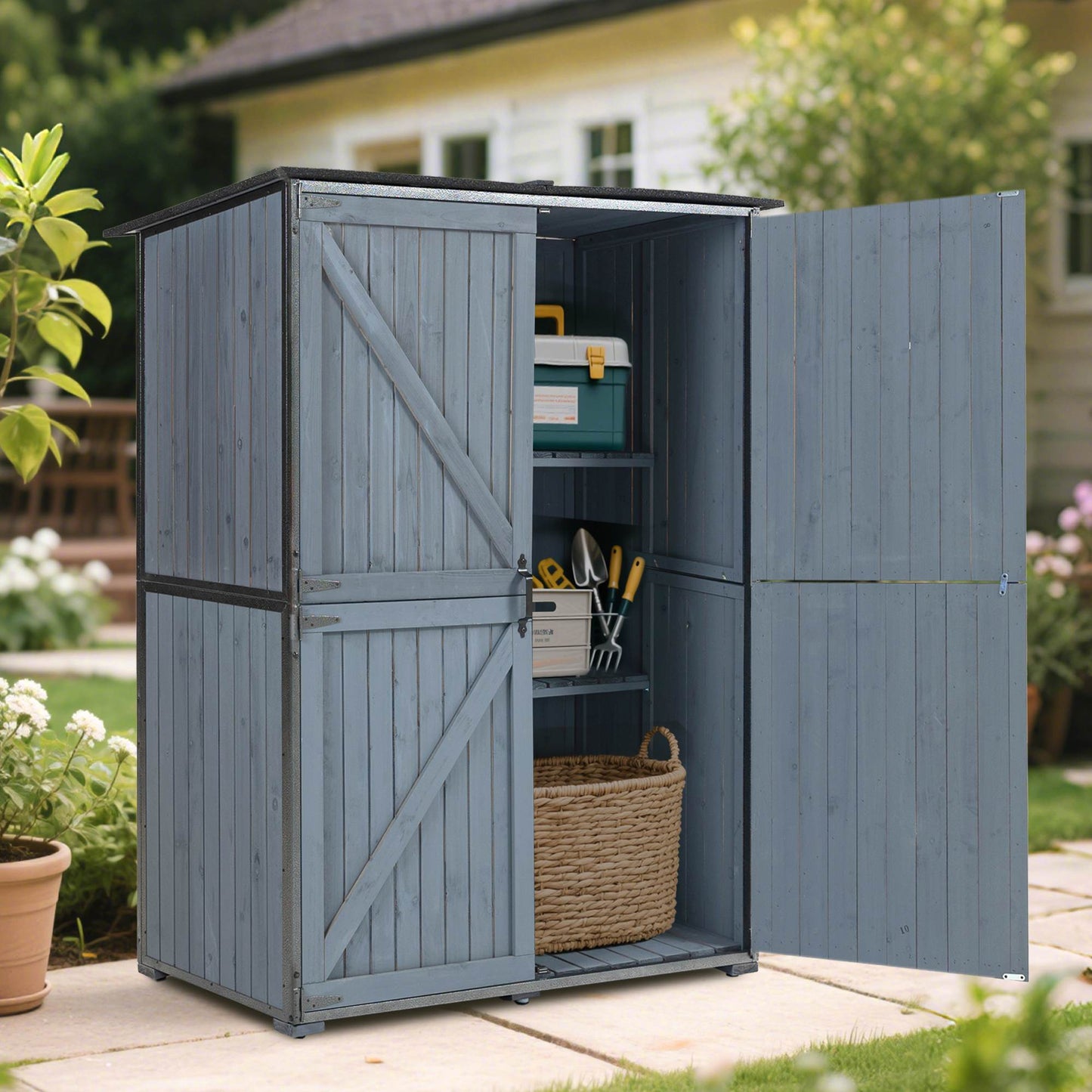 US Local The Storage Shed Is Made Of A Sturdy Metal Frame And Durable Fir Wood, Which Is Sturdy And Durable. The Entire Frame Is Weather-resistant, Making It An Ideal Choice For Your Outdoor Living Space. The