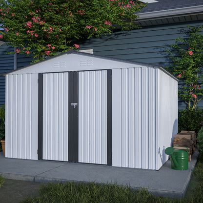 US Local 10X8 FT Outdoor Storage Shed, All Weather Metal Sheds With Metal Foundation & Lockable Doors, Tool S