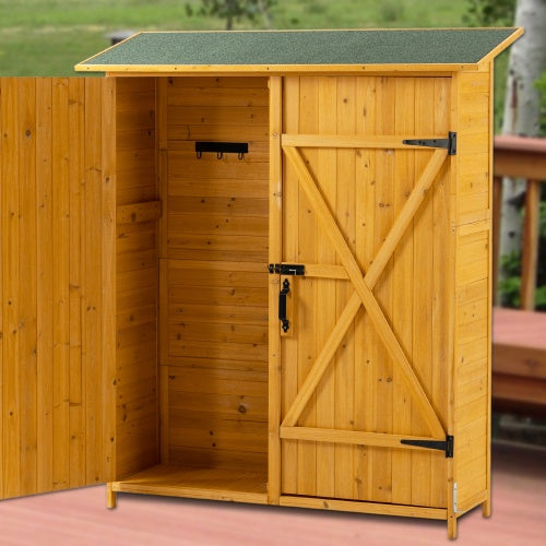 US Local 56L X 19.5W X 64H Outdoor Storage Shed With Lockable Door, Wooden Tool Storage Shed W Detachable Shelves  Pitch Roof, Natural