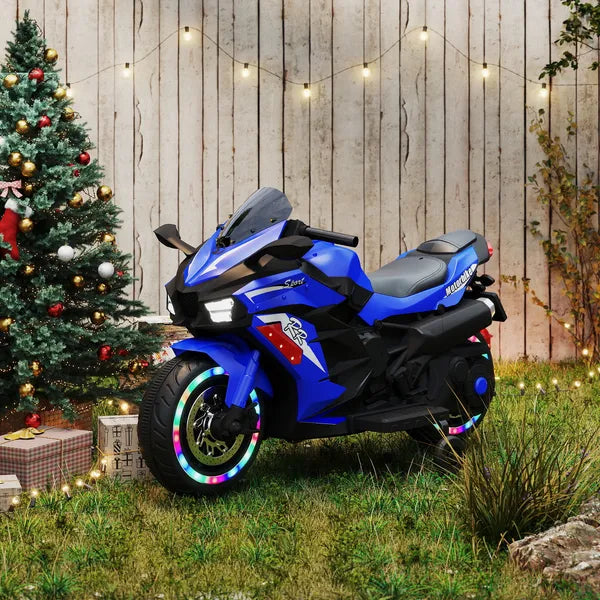 US Local Kids Powered Ride-ons Toy, Kids Motorcycle For 3-6 Years, 12V Electric Ride On Motorcycle With Light Wheel & Bluetooth Music-Blue