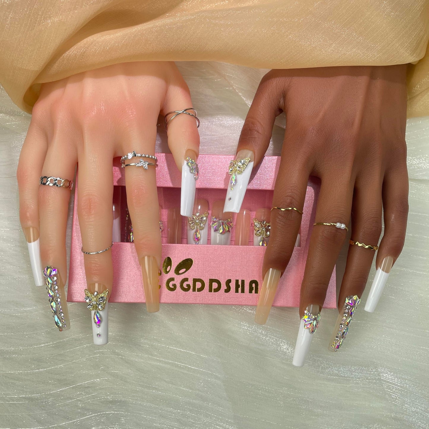 US Local GGDDSHA Nails Press On Nails Medium Fake Nails FalseNails With 3D Flower Designs Nail Press Ons French TipHandmade Acrylic Artificial Nails Summer Natural Stick OnNails For WomenOpal Whisper