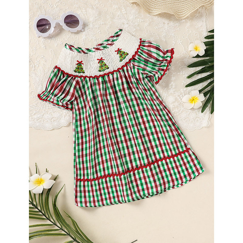 US Local Toddler Infant Baby Girls Christmas Dress Short Sleeve Christmas Tree Embroidered Plaid Casual Party Dresses