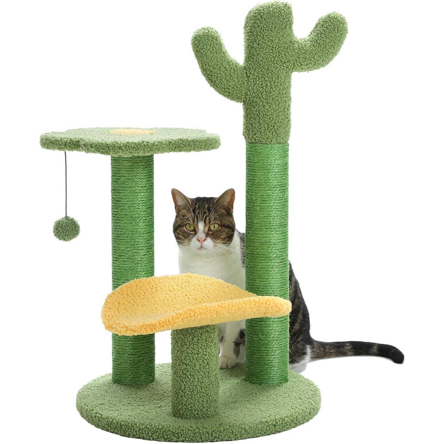 US Local 26 Inch Cactus Cat Tree With Bird's Eye View Flower Perch, Soft Cactus Top And Hanging Ball, Compact Vertical Structure For Indoor Cats