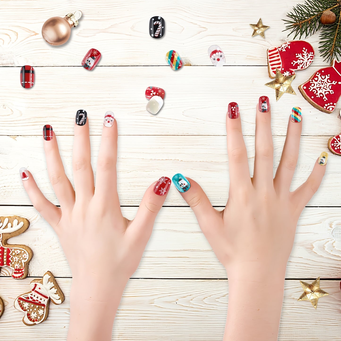 US Local Christmas Stick On Nail, 48 Pcs False Nails Kids Full Cover Xmas Short False Nail Children Nails Lovely Gift For Kids Little Girls Nail Art Decoration