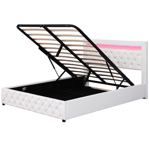 UK Local Upholstered Bed 135 X 190 Cm Functional Bed With Slatted Frame And Storage Space, LED Lighting In Different Colors, White, PU