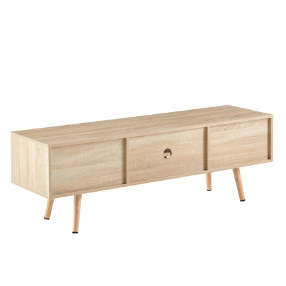 US Local 55.12  Rattan TV Cabinet With Sliding Doors  Adjustable Shelf   Solid Wood Legs