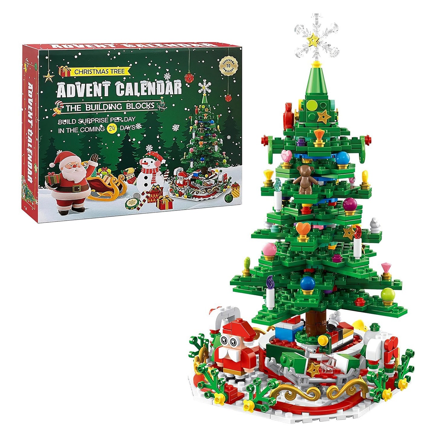 US Local 2025 Year Christmas Tree Building Set With LED Light Tabletop Christmas Building Block 24 Days Christmas Countdown Calendar For Boys Girls 3-6