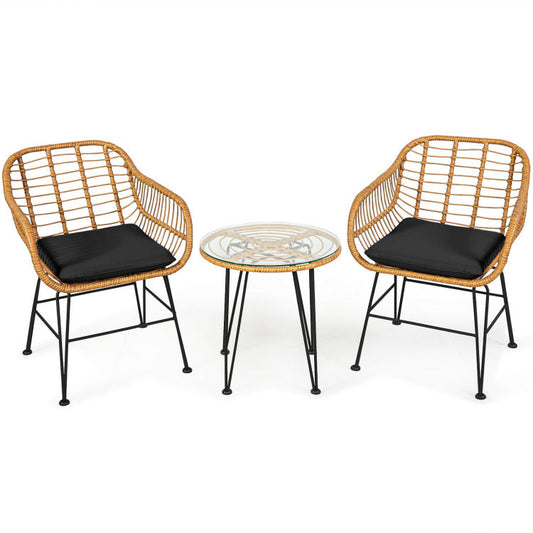 US Local 3 Pieces Rattan Furniture Set With Cushioned Chair Table