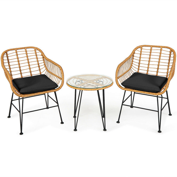 US Local 3 Pieces Rattan Furniture Set With Cushioned Chair Table
