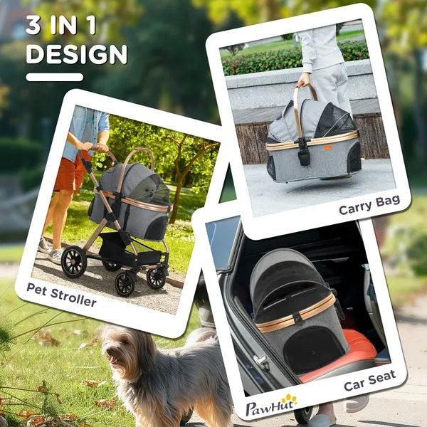 US Local 3 In 1 Dog Stroller With Detachable Cabin, 4 Wheel Folding Lightweight Pet Stroller For Small Dogs, Gray