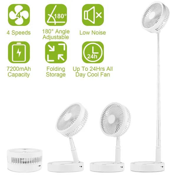 US Local Portable Folding Desk Fan Quiet Low Noise Table Fan USB Rechargeable Telescopic Standing Floor Fan For Home Office Camping Hiking Travel
