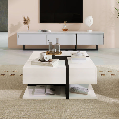 UK Local Coffee Table, Table With 4 Drawers, Unique Color Matching And Line Design, Storage Space At The Bottom. 78x78x36cm