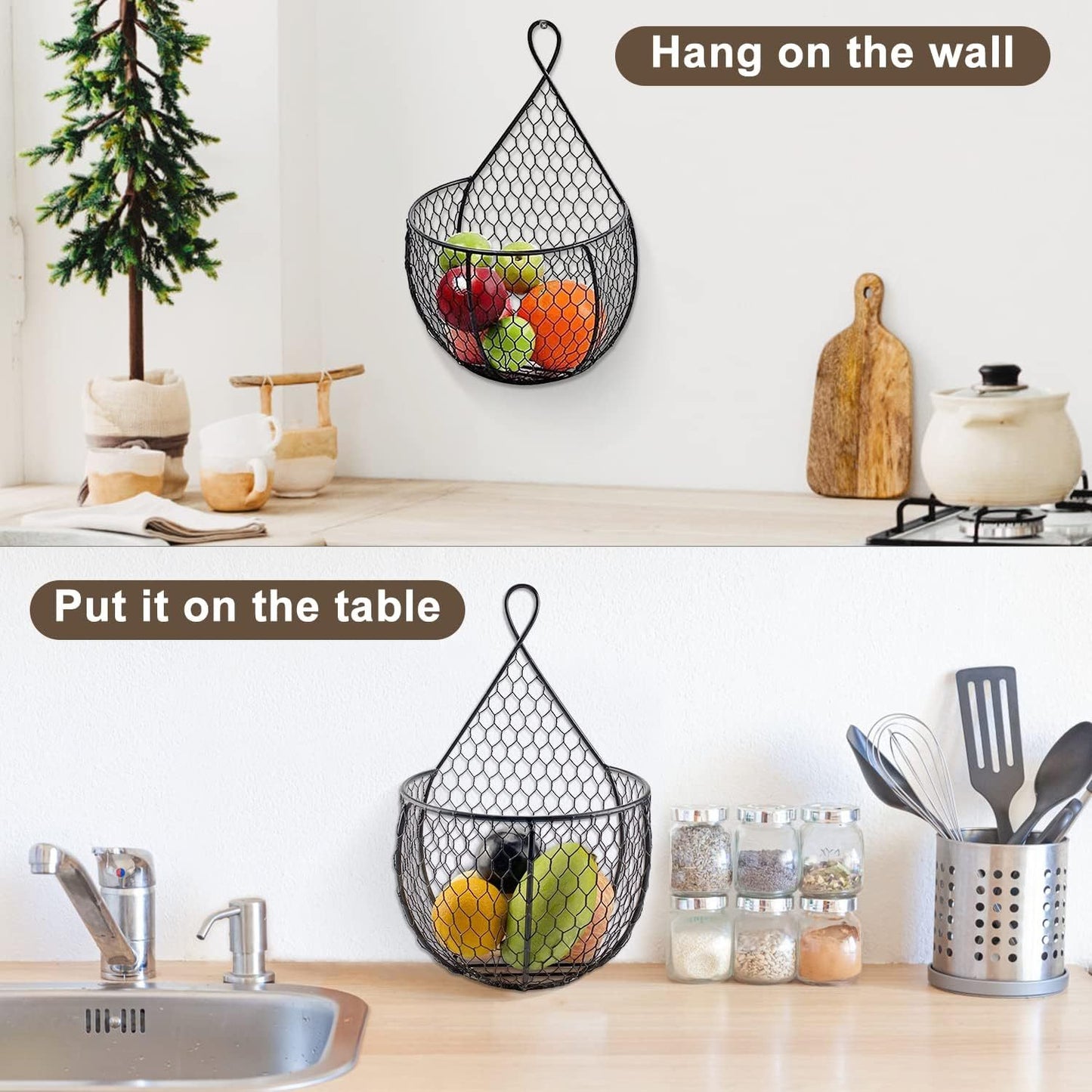 Set Of 3Metal Fruit And Vegetable Storage Hanging Basket Wall Mounted, Hanging Basket For Kitchen Black Wire Baskets For Flowers, Fruits And Veggies