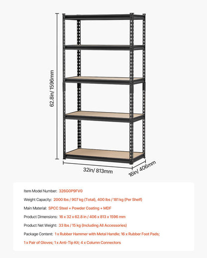 US Local Storage Shelves 16 D X 32 W X 62.8 H 5-tier Garage Storage Shelving