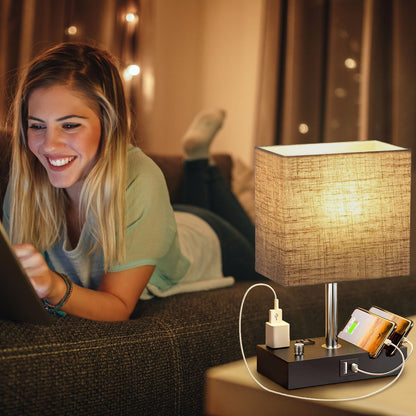 US Local 1Pc Fully Dimmable Table Lamp For Bedroom Living Room Bedside Lamp For Nightstand Dual USB Ports 2 Power Outlets LED Bulb Included