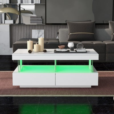 UK Local Coffee Table For Living Room, High Gloss Tea Table With 16-Color LED Lights, Coffee Table With 2 Drawers And Open Storage Space, End Table For Home Office Furniture, White