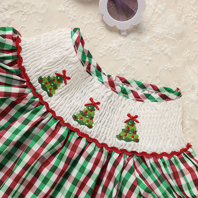 US Local Toddler Infant Baby Girls Christmas Dress Short Sleeve Christmas Tree Embroidered Plaid Casual Party Dresses