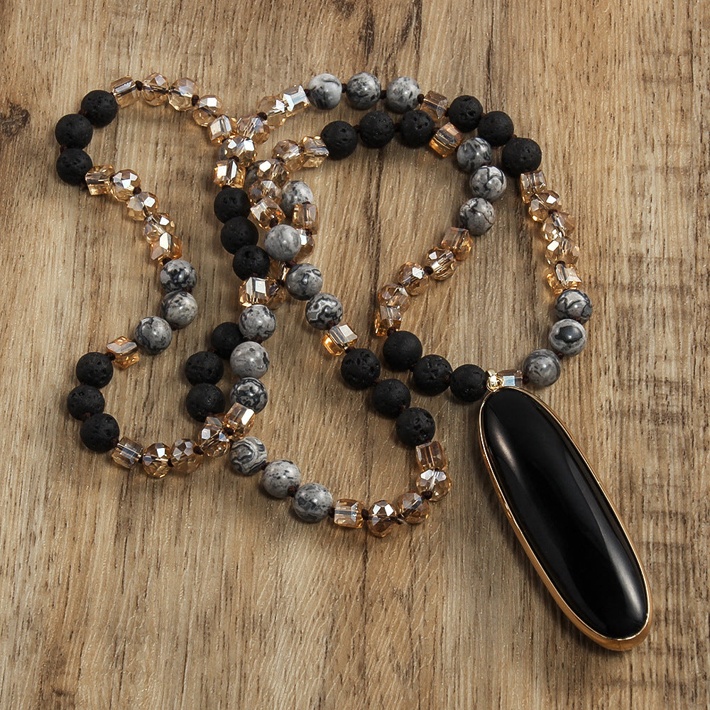 Natural Stone Glass Knotted Necklace Oval Agate Pendant Necklace Sweater Chain