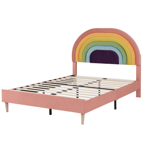 UK Local Upholstered Bed 135x190, With Slatted Frame And Headboard, Youth Bed, For Adults & Teenagers, Wooden Slat Support, Easy Assembly, Height-adjustable Headboard, Velvet, Pink