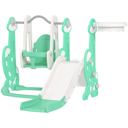 US Local 4 In 1 Toddler Slide And Swing Set For Ages 1.5-4, Toddler Playset Playground With Climber, Basketball Hoop, Green