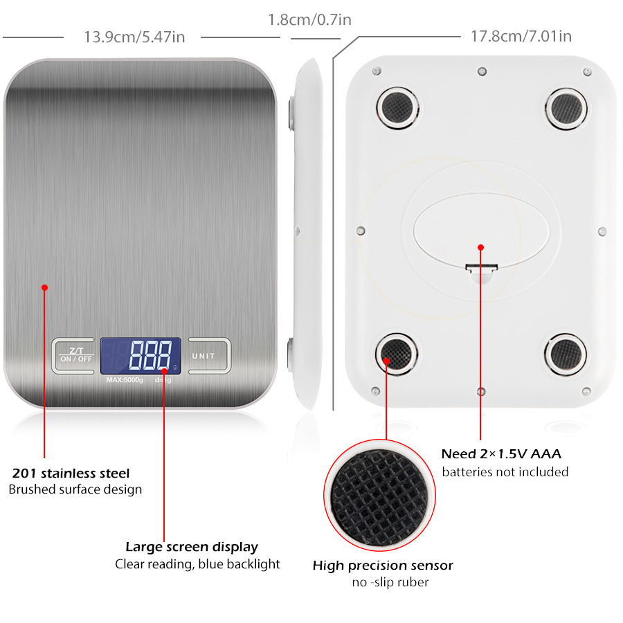 US Local Digital Electronic Kitchen Food Diet Postal Scale Weight Balance 5KG 1g 11lb Kitchen Scales Stainless Steel Weighing For Food Diet Postal Balance Measuring LCD Precision Electronic
