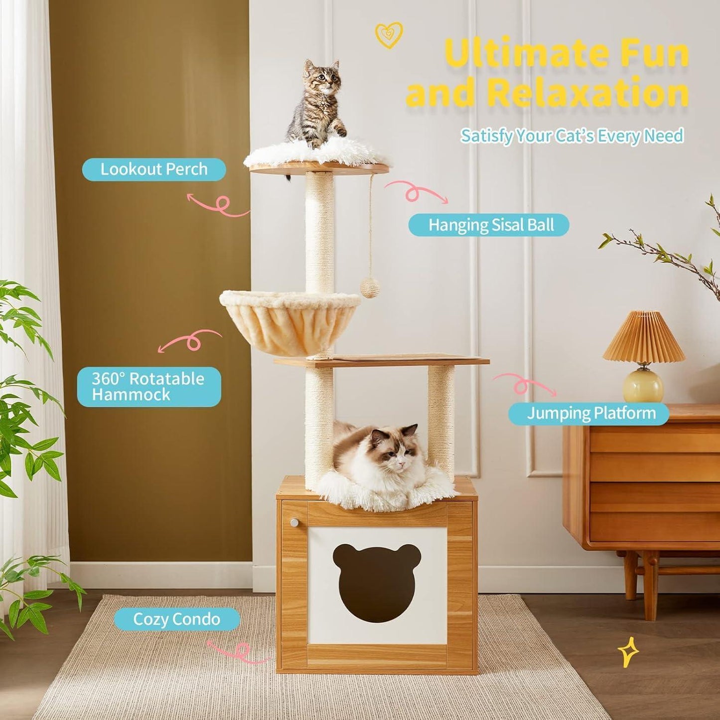 US Local Solid Wood Cat Tree And Tower With Litter Box, Cat Scratching Board And Hammock For Indoor Large Cats
