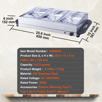 US Local Electric Buffet Server Food Warmer, 25.6 X 15 Portable Stainless Steel Chafing Dish Set With Temp Control & Oven-Safe Pan, Perfect For Catering, Parties, Events, Entertaining, Silver, ETL