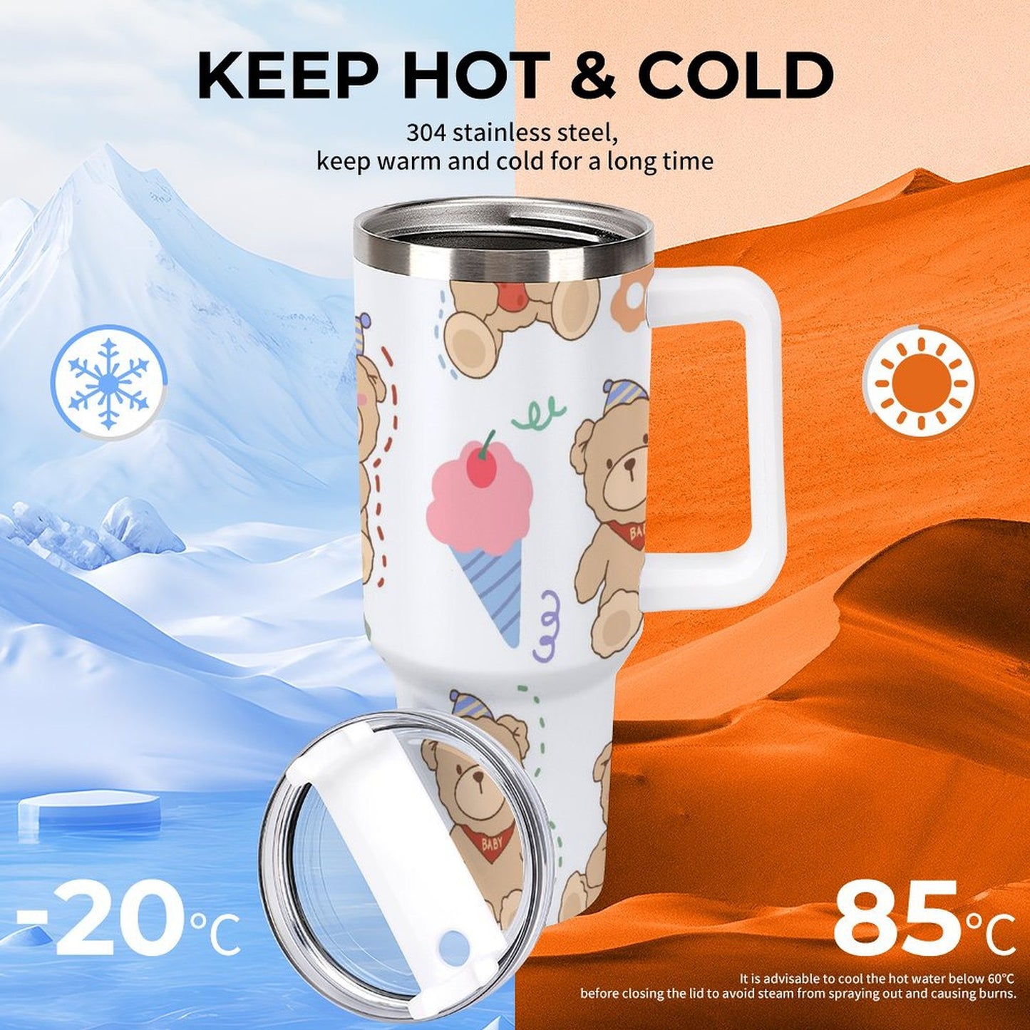 PHDT00516 POD US Local Tumbler 40oz Large Capacity Car Cup Teddy Bear, Lucky Day, Ice Cream