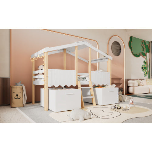 UK Local Wooden Bed, Storage Bed , Children's Bed, 3ft Single Bed 90x190cm, Safety Guardrail, Two Storage Boxes With Wheels, Imitation Roof Shape, Pine Wood  Particle Board, WhiteNatural