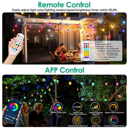 US Local 52.5FT Colorful Outdoor String Lights Smart RGB LED Patio Lights IP66 Waterproof Dimmable Hanging Light Bulbs With APP Remote Control 15 Bulbs