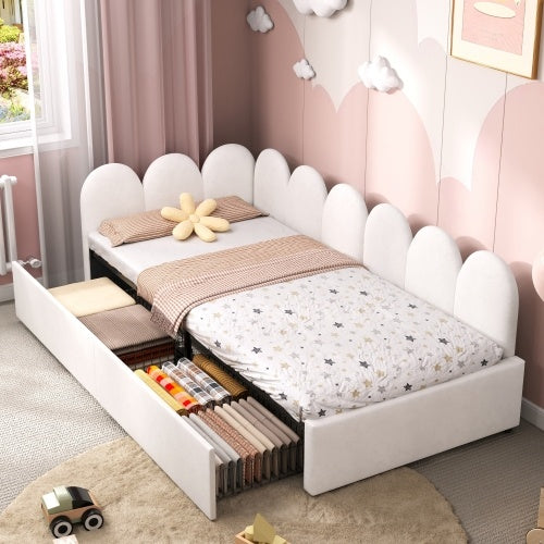 UK Local 3ft Single Daybed With Two Storage Drawers, Modern Youth Bed Frame With Wooden Slats, Velvet Sofa Bed For Living Room Bedroom Study Room, 90X190cm, Easy Assembly, Cream White