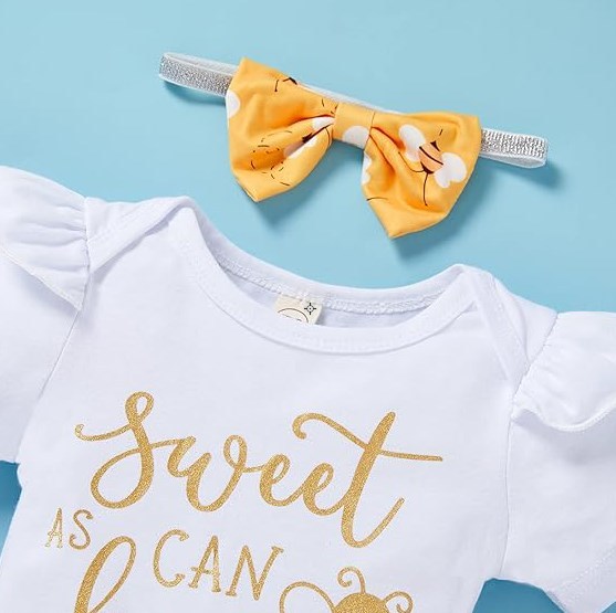 US Local Infant Baby Girl Sweet Bee Outfits Letter Print Romper Honey Bees Pants Bowknot Headband Clothes Set