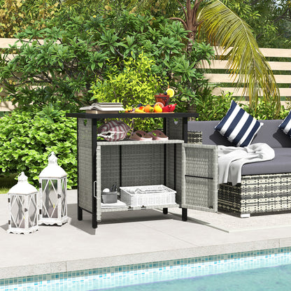 US Local Outdoor Pool Towel Storage Cabinet Organizer, Outdoor Bar Table With Shelf And Cabinet, Pool Towel Holder Pool Valet With Weather-Resistant PE Rattan And Steel Frame, Gray