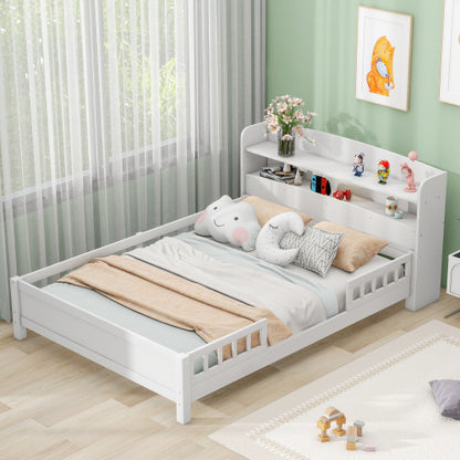 US Local Wood Full Size Platform Bed With Built-in LED Light, Storage Headboard And Guardrail, White
