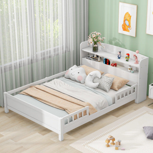US Local Wood Full Size Platform Bed With Built-in LED Light, Storage Headboard And Guardrail, White