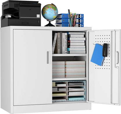 US Local Metal Storage Cabinet With Pegboard 31.5'' X 31.5'' X 16.5'',Lockable Rolling Steel Storage Cabinet With 5 Adjustable Shelves And Door For Garage, Office, Kitchen, Assembly Required White