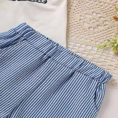 US Local Toddler Casual 2-Piece Set, Bunny & Carrot Embroidered Short Sleeve T-Shirt With Striped Pocket Shorts