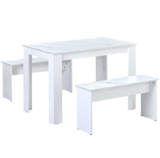 UK Local Dining Table With 2 Benches Dining Table Set For Kitchen, Dining Room, Small Space Artificial Marble White