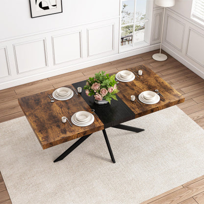 US Local Retro Rectangular Stretch Dining Table, Antique Wood Top And Black Relief Plate, Black Fine Sand Cross Iron Foot Base Dining Table, With Storage Box