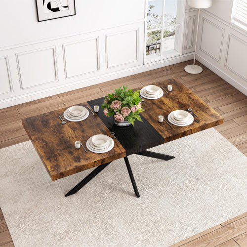 US Local Retro Rectangular Stretch Dining Table, Antique Wood Top And Black Relief Plate, Black Fine Sand Cross Iron Foot Base Dining Table, With Storage Box