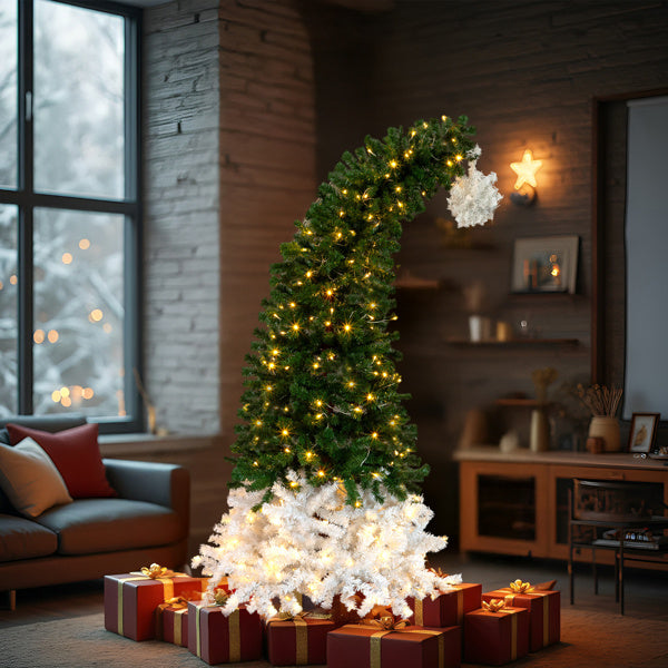 US Local 6 FT Santa Hat Style Pre-lit Christmas Tree, Hinged Artificial Xmas Tree Pine Tree With 250 Warm White Lights, 839 Branch Tips For Holiday Party Store Office Home, Green & White